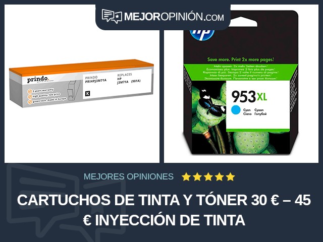 Cartuchos de tinta y tóner 30 € – 45 € Inyección de tinta